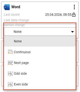 Display of information on a Word file in the detailed view of a chapter. The 'Section change' drop-down list is open and outlined in red.