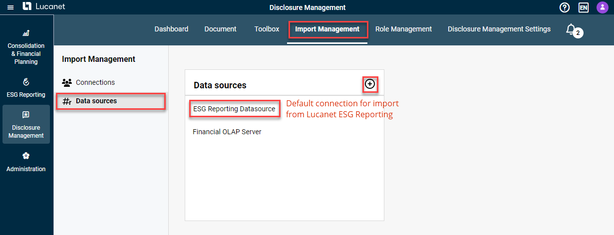 Shows the Import management functional area and the Data sources workspace. The button that can be used to create a new data source is also highlighted in red.