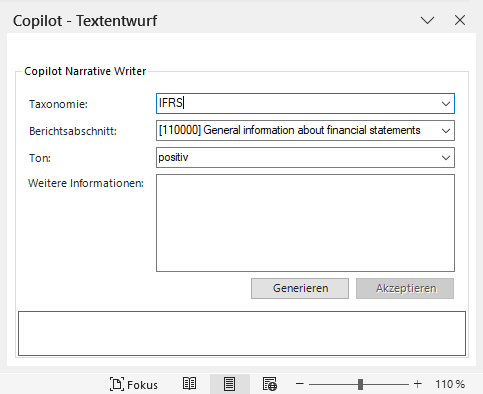 Word-Fenster mit der Dropdown-Liste zum Wählen eines Labels und dem Textfeld zur Angabe von zusätzlichen Informationen. Als Beispiel wird 'General information about financial statements' verwendet.