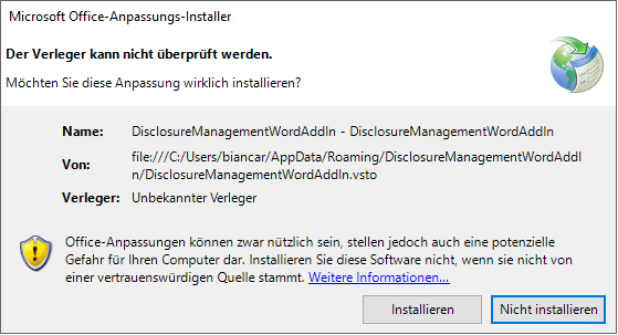 Die Sicherheitsabfrage in Microsoft Office zum Word-Ribbon wird angezeigt.