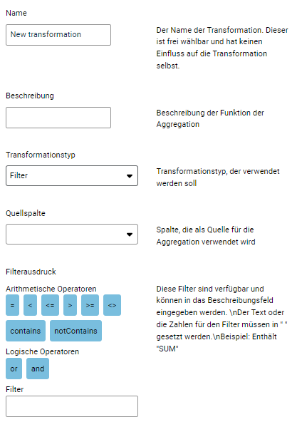 Zeigt die Eingabefelder für die Konfiguration der Aggregation vom Typ Filter Der zu wählende Aggregationstyp ist rot umrandet,.