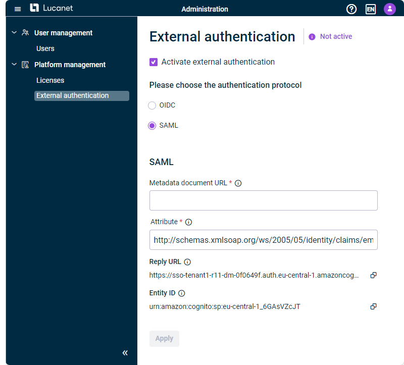 Options for the configuration of 'SAML'