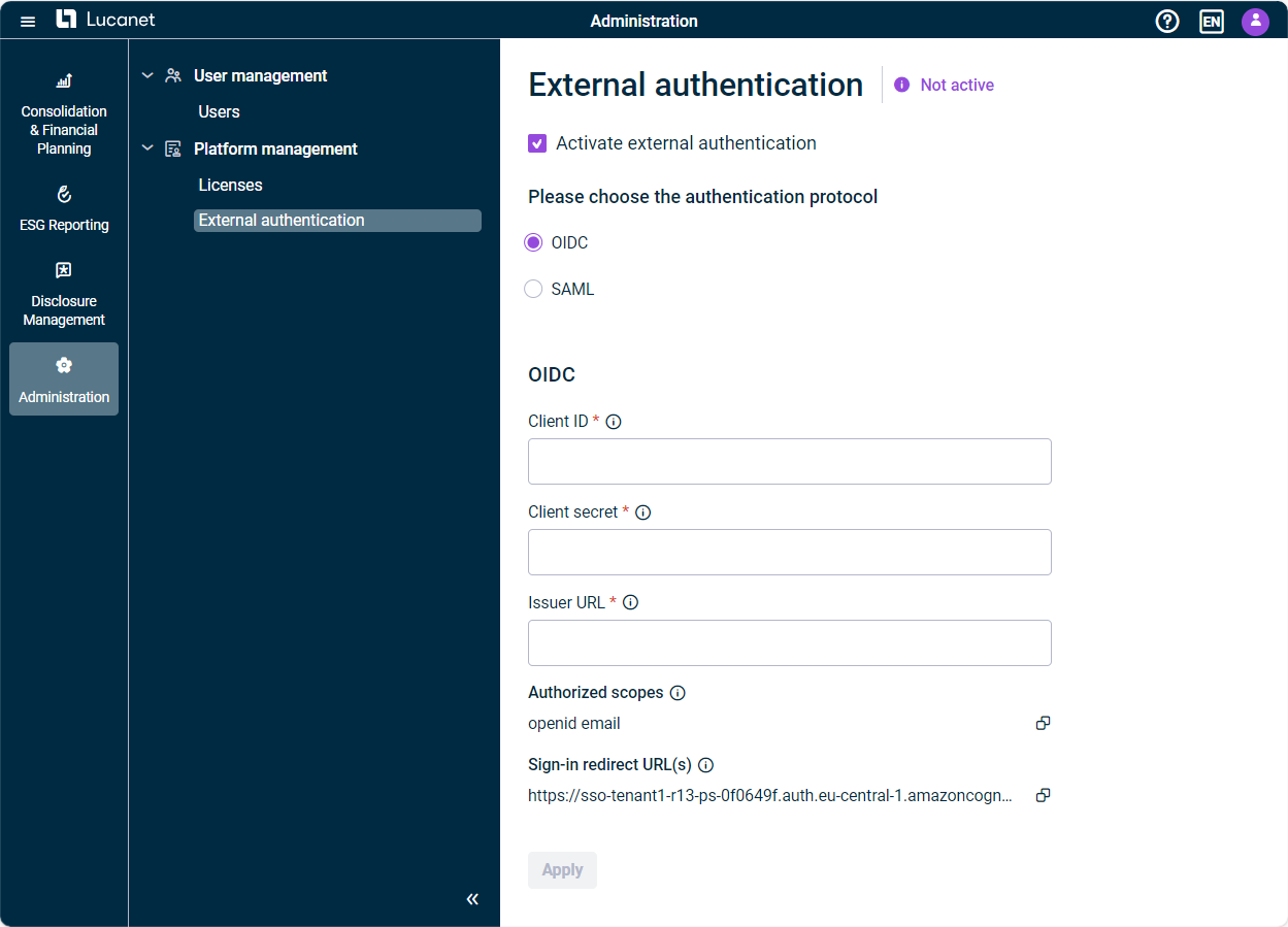 Displays the ‘External authentication’ workspace in the Platform Management. The option 'Enable external authentication' and the authentication method 'OIDC' are activated.