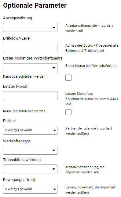 Zeigt die Eingabefelder für die optionalen Parameter, die bei der Parametrisierung einer Datenquelle für den Import aus einer Lucanet-Datenbank angegeben werden müssen.