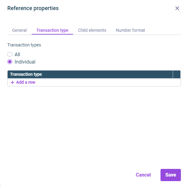 The 'Transaction type' tab is displayed in the 'Reference properties' dialog.