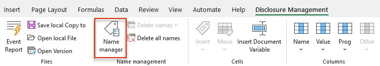 Displays part of the Excel ribbon. The mouse cursor is positioned over the 'Name Manager' button.