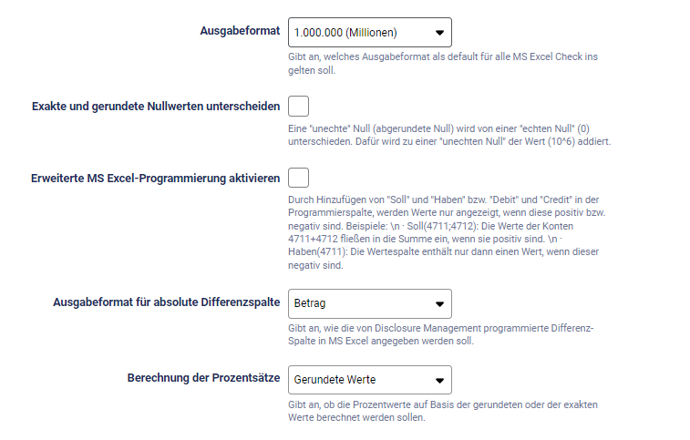 Zeigt die Felder, die in den Dokumenteinstellungen für die Darstellung und Programmierung von Werten in MS Excel konfiguriert werden können