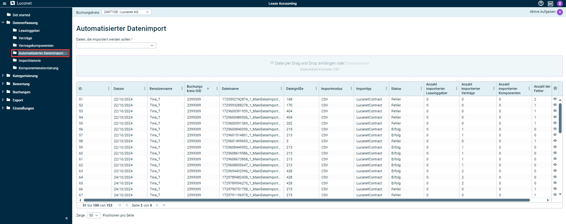 Der Arbeitsbereich 'Automatisierter Datenimport' wird angezeigt.