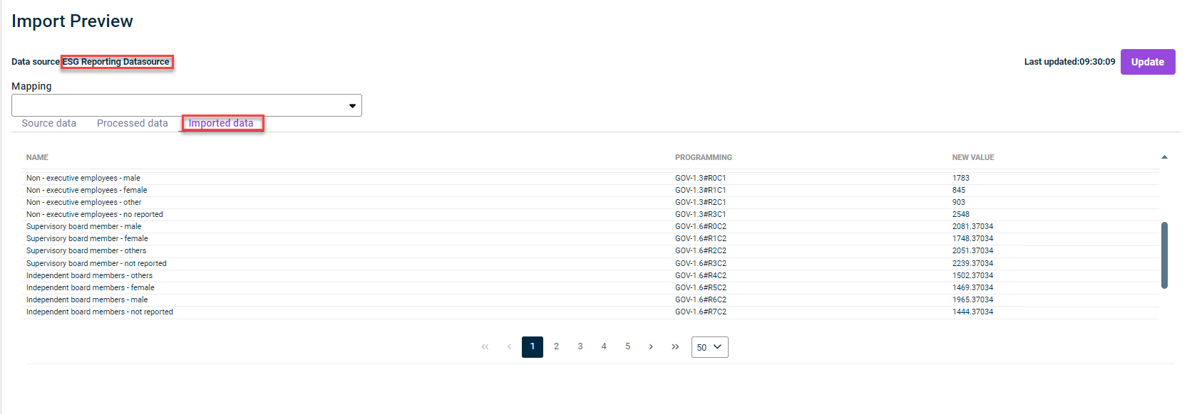 Displays a preview of the imported data with the columns Source data, Processed data and Imported data when selecting the predefined data source for the import from ESG Reporting