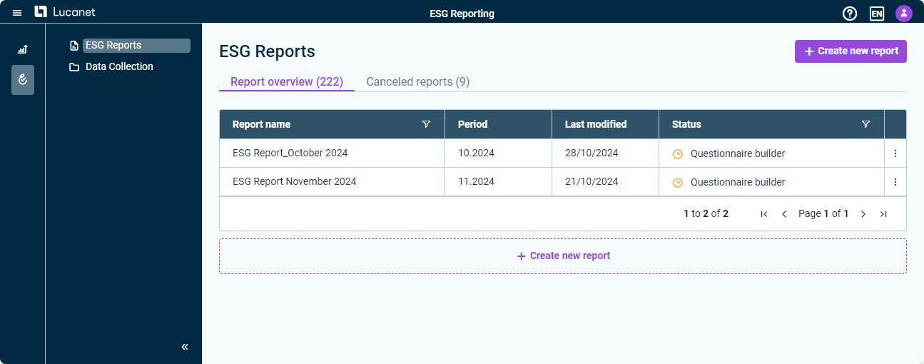 The user interface of ESG Reporting is displayed.