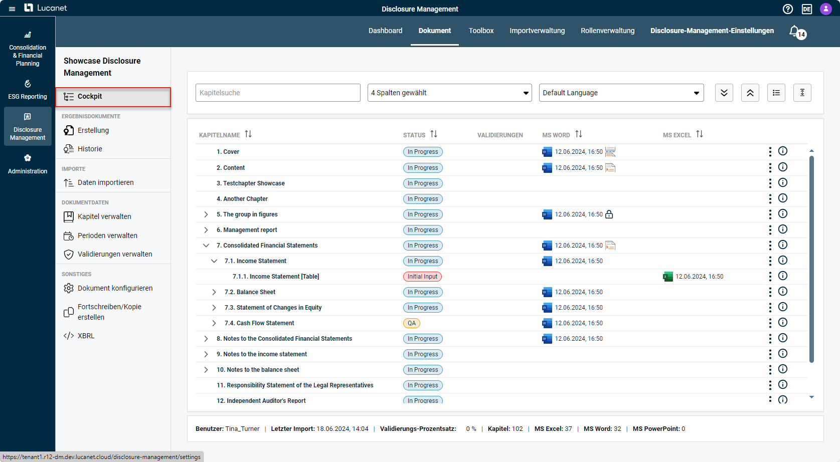 Der Screenshot zeigt ein exemplarisches Cockpit. Es wird ein 4-teiliges Dokument angezeigt. Zu drei Kapiteln ist eine Excel-Datei zugeordnet, zu zwei Kapiteln ist ein Word-Dokument zugeordnet.