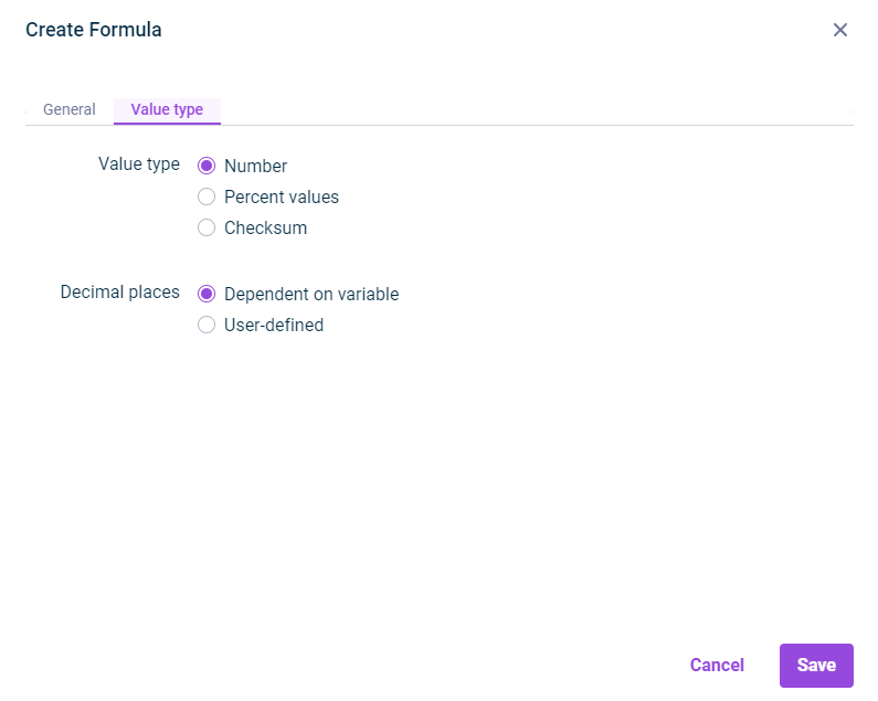 Dialog 'Create formular' - 'Value type' tab