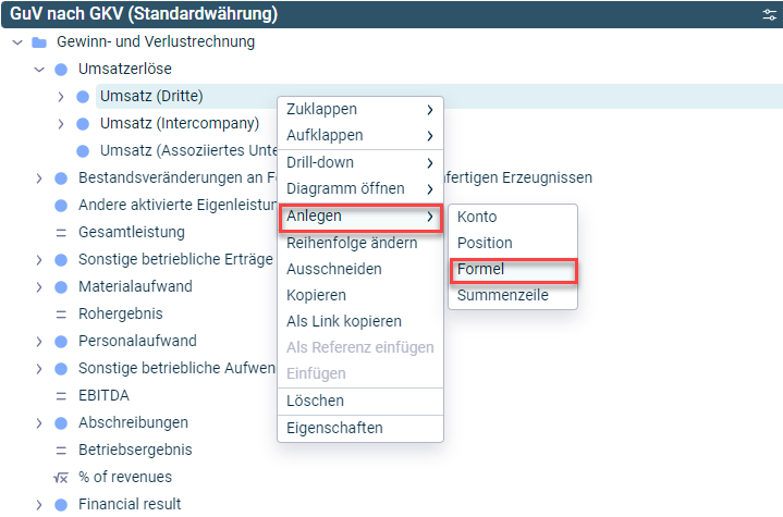 Es wird das Kontextmenü mit dem Befehl zum Anlegen einer Formel angezeigt.