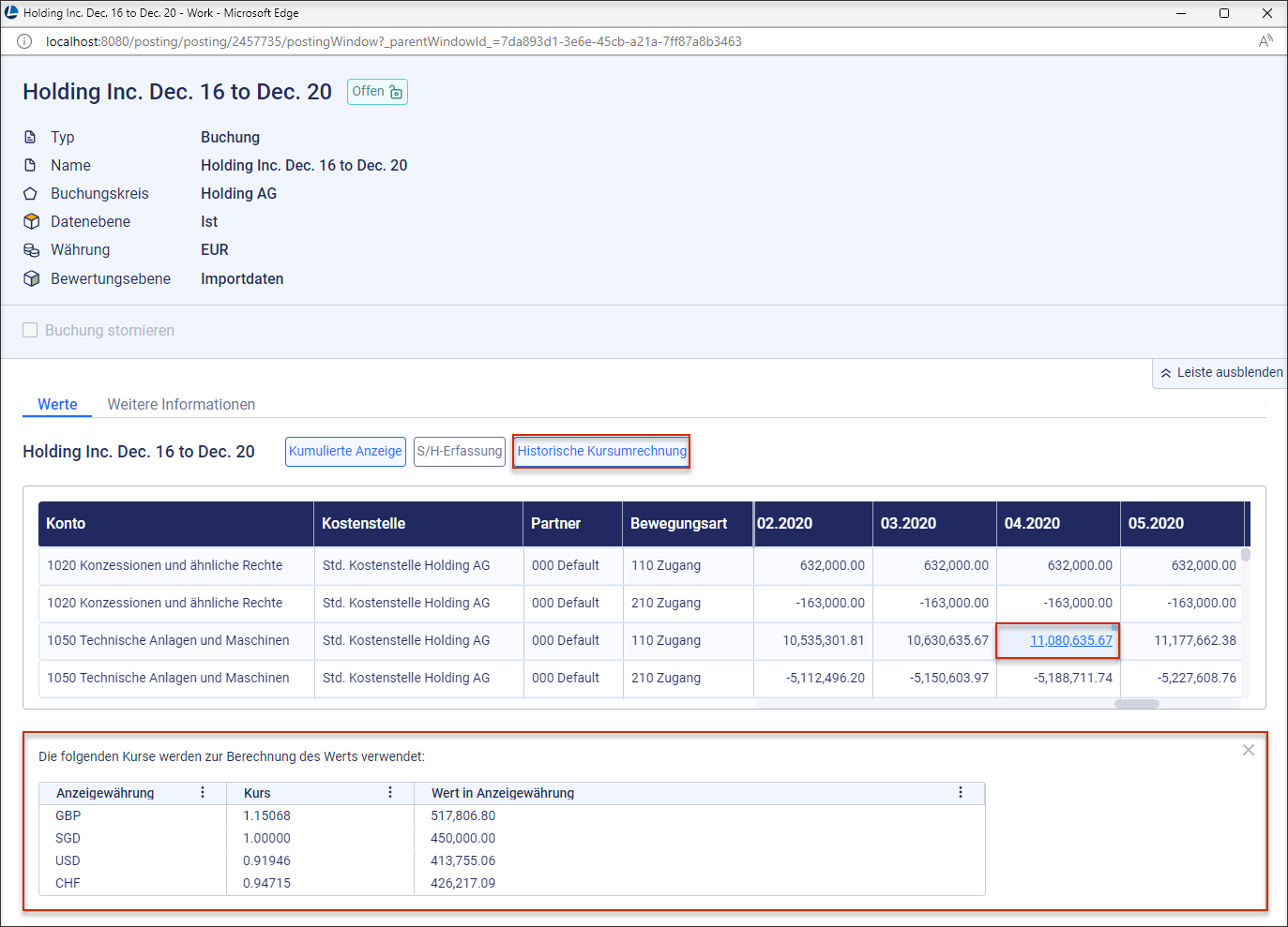 Ein Beleg mit hervorgehobener Schaltfläche 'Historische Kursumrechnung.' wird angezeigt. Der Wert mit aktivierter historischer Kursumrechnung und die angezeigten Kurse sind hervorgehoben.