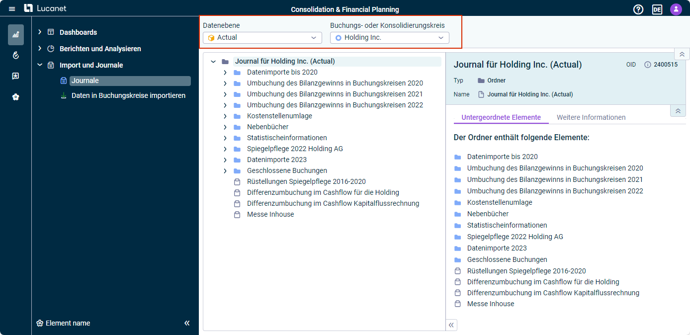 Im Arbeitsbereich 'Journale' wird die Dimensionsleiste hervorgehoben.