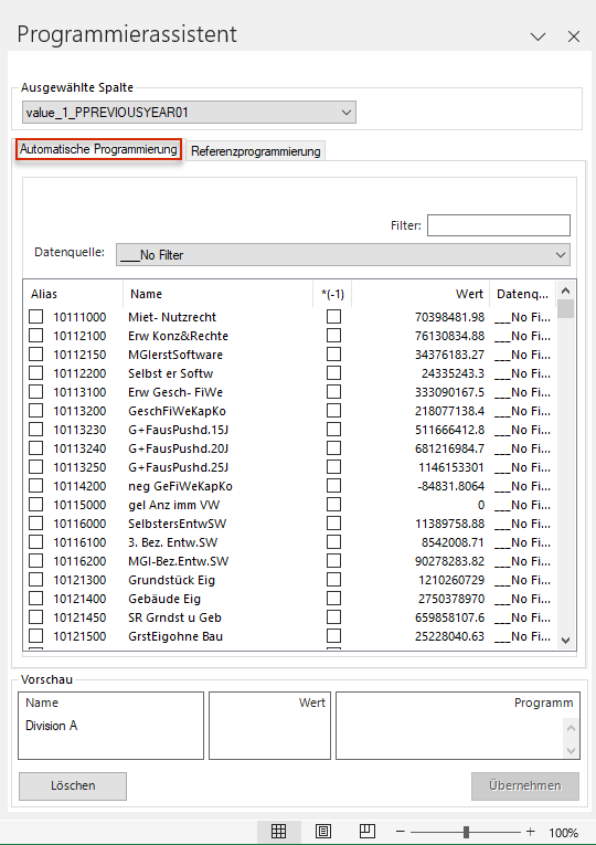 Der Programmierassistent von Disclosure Management wird in MS Excel angezeigt. Der Reiter 'Auto Programming' ist geöffnet. Der Titel des Reiters ist rot umrandet.