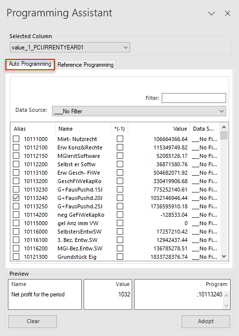 The Programming Wizard of Disclosure Management is displayed in MS Excel. The 'Auto Programming' tab is open. The tab heading is highlighted in a red border.